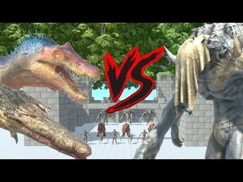 SCOURGE + X2 INFERNALS VS SPINOSAURUS + ALL CARNIVORE   ANIMAL REVOLT BATTLE SIMULATOR