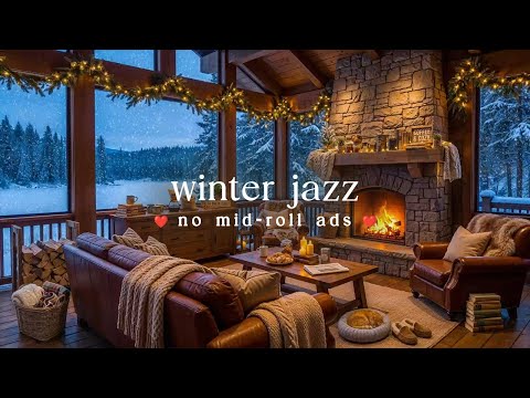 🪵 Winter Lodge Jazz (NO MID-ROLL ADS) – Cozy Fireplace Ambience for Relaxation
