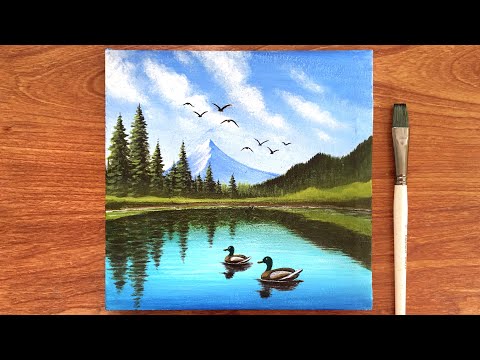 Acrylic Painting Lake Landscape | Ducks in Lake Painting for beginners | Canvas Painting