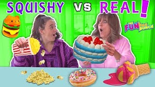 SQUISHY FOOD VS. REAL FOOD!! $$$ WINS, BOTTLE FLIP W/ POPCORN...CASH!!