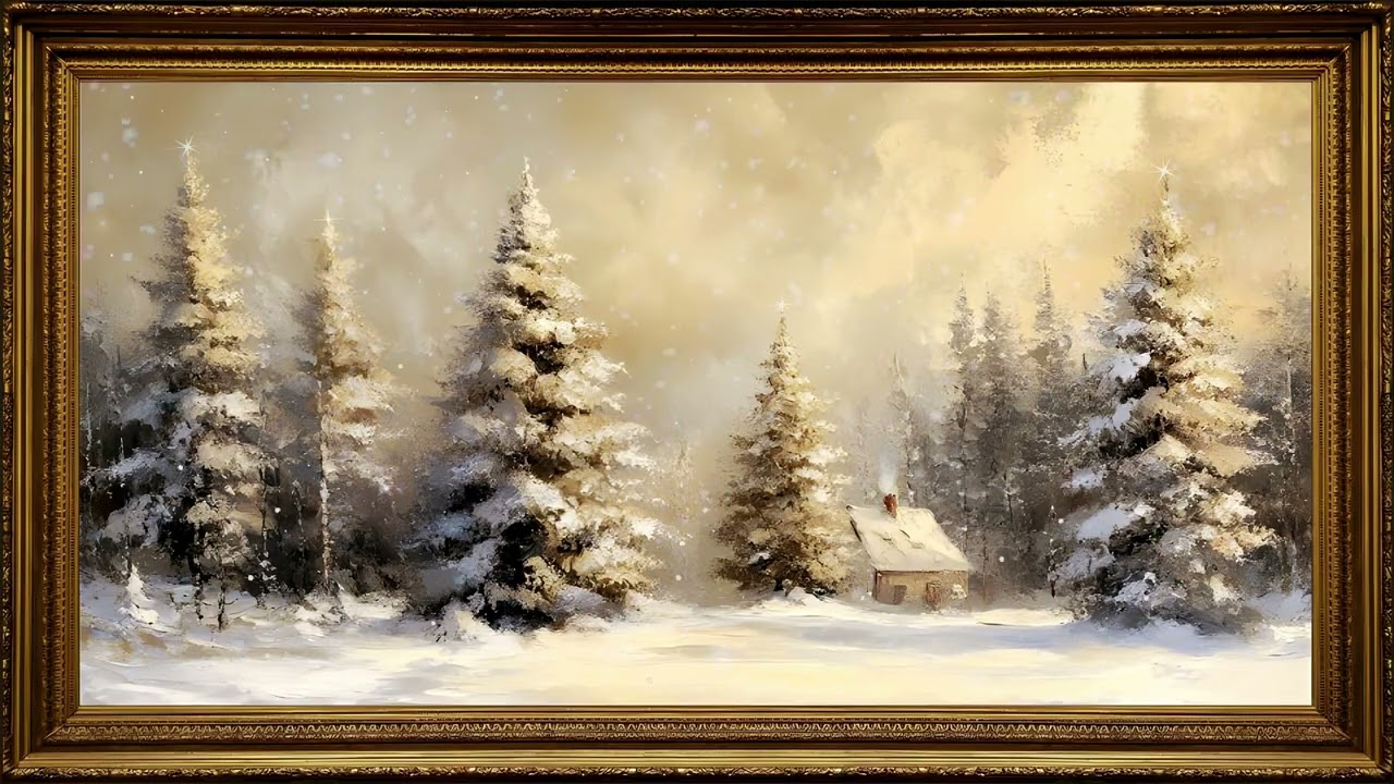 Home Beneath the Snow Pines, Vintage Oil Painting | Christmas Framed TV Art Screensaver with Music