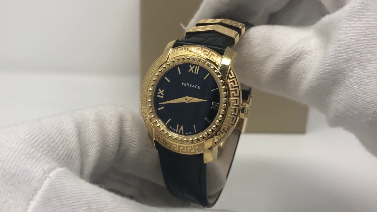 Versace DV25 Round Black Watch VAM030016 IP Yellow Gold - Leather