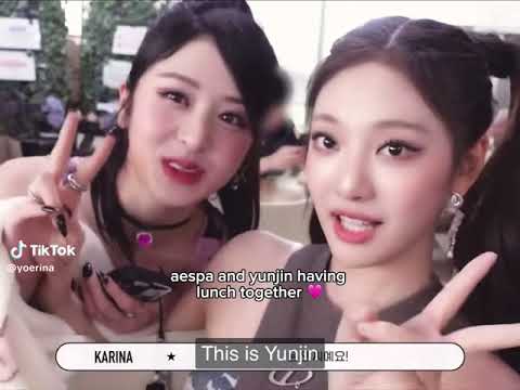 Lesserafim Yunjin eating with Aespa members at Inkigayo cafeteria