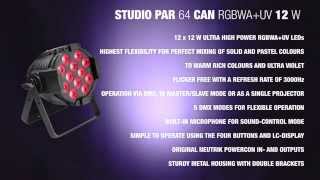 Cameo Studio PAR 64 CAN RGBWA+UV 12 W - 12 x12W QUAD Colour LED RGBWA+UV PAR light in black housing