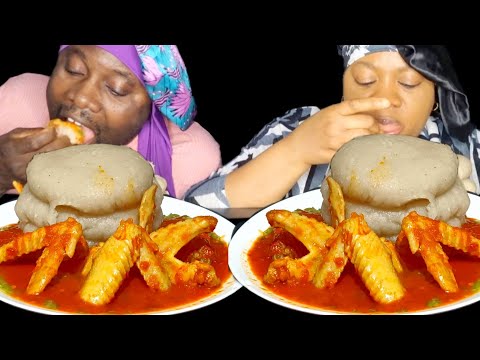 Asmr mukbang okra stew and fufu with chicken wings African Food speed eating challenge