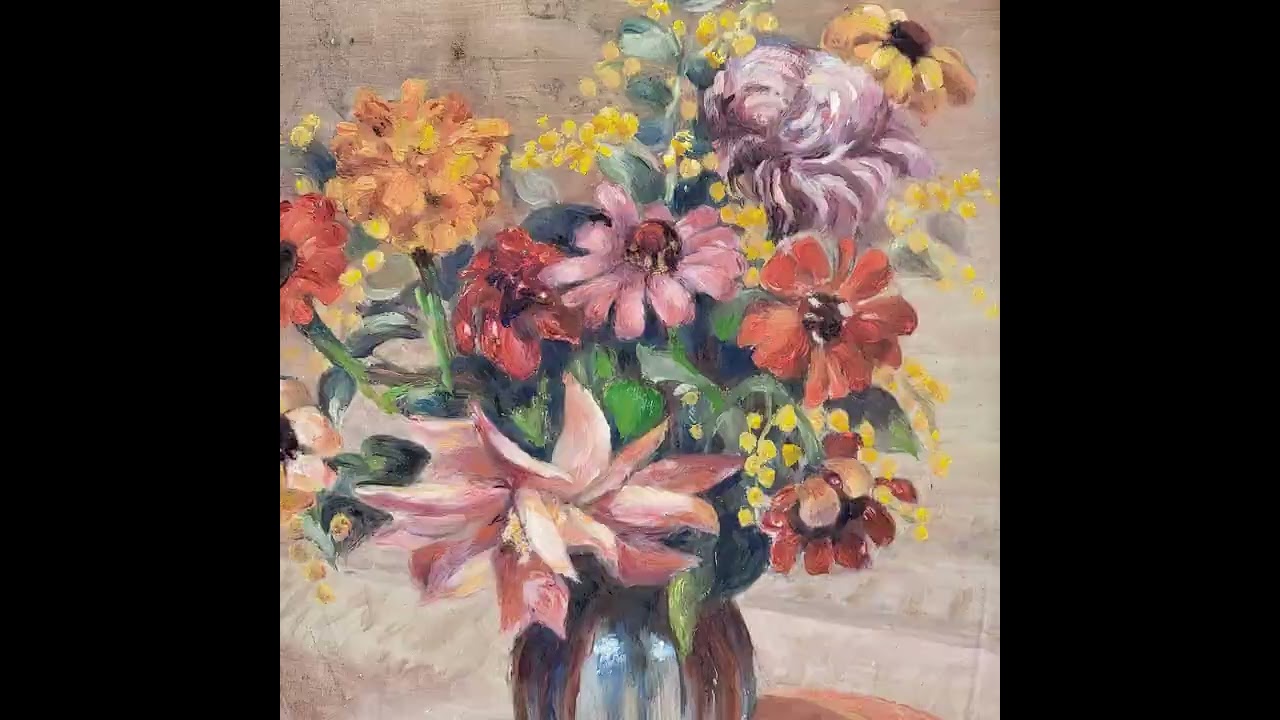 Tableau ancien signée.  Bouquet de fleurs.  Peinture huile sur panneau de bois