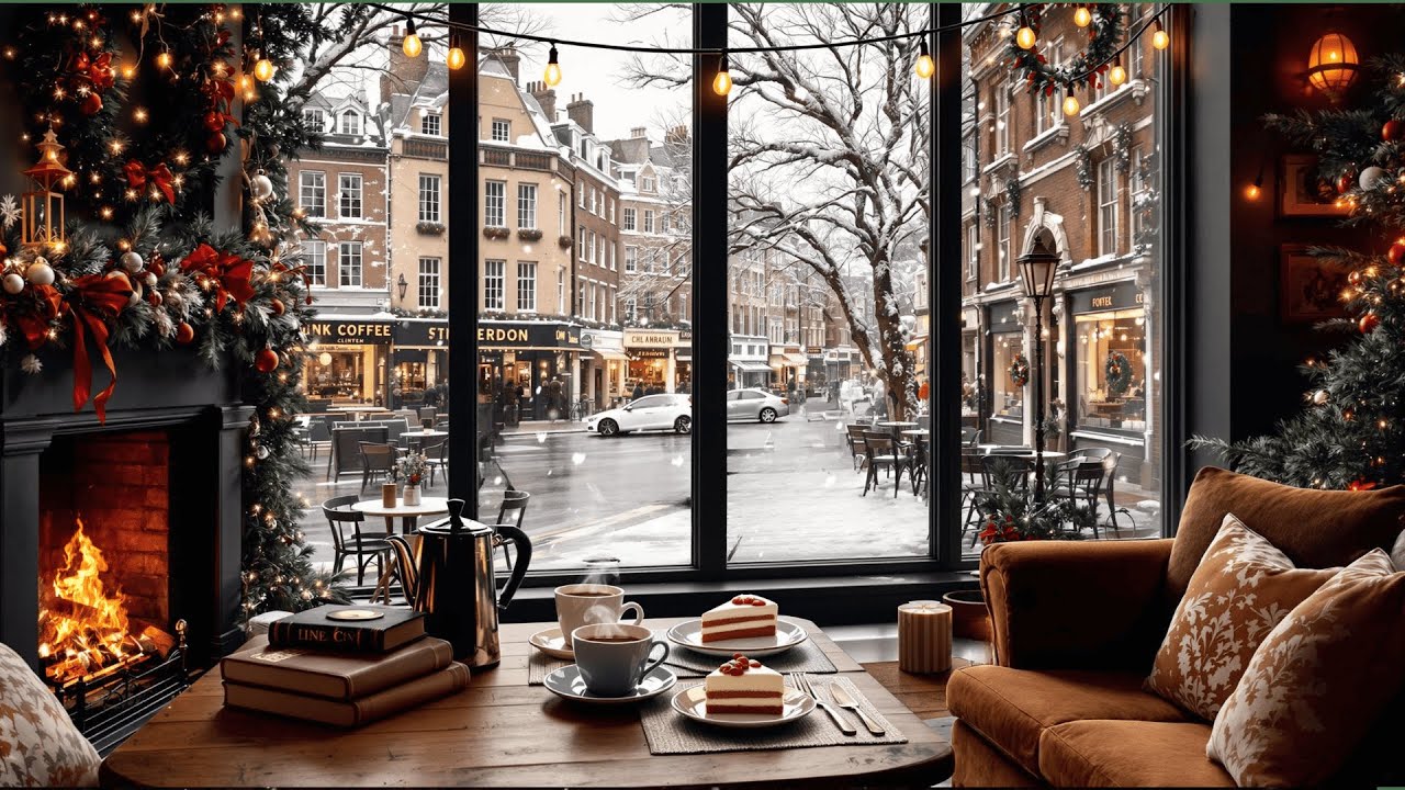 Cozy Winter Cafe Ambience ❄️☕🧣Relaxing Jazz & Crackling Fireplace Ambience 4K for Study, Work, Chill