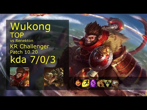 Wukong vs Renekton Top - KR Challenger 7/0/3 Patch 10.20 Gameplay // [롤] 오공 vs 레넥톤 탑