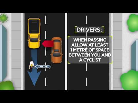 Illustration of vehicles and a cyclist with the caption: Drivers: When passing allow at least a metre of space between you and a cyclist