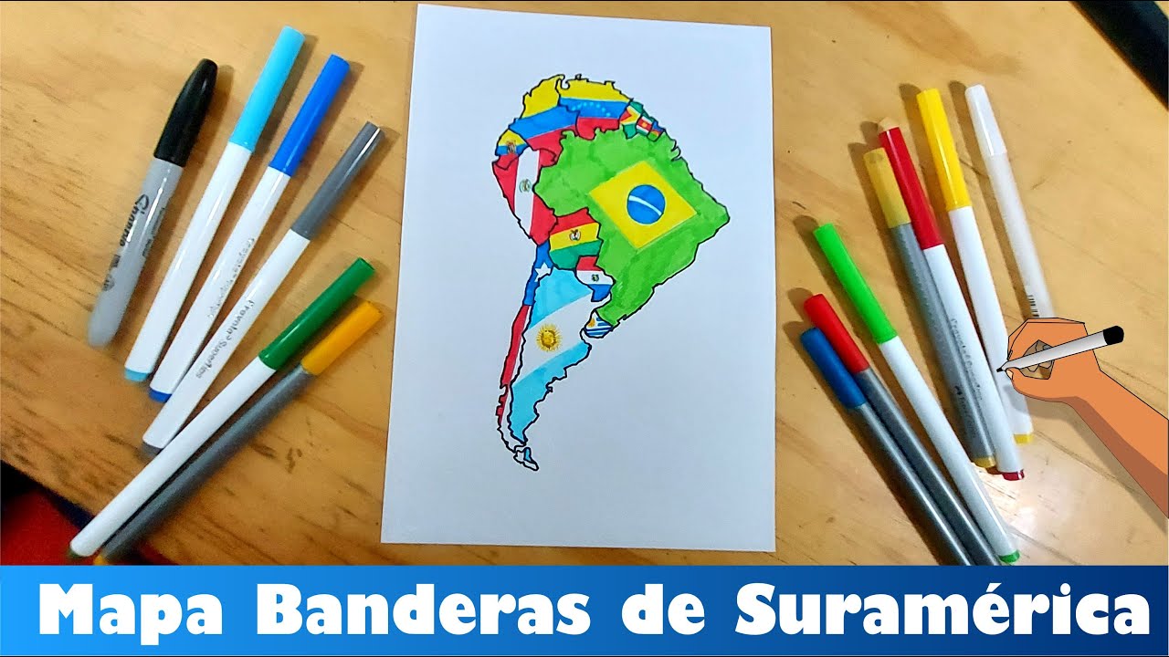 Dibuja el mapa de Suramérica y las banderas nacionales