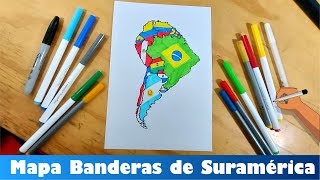 Dibuja el mapa de Suramérica y las banderas nacionales