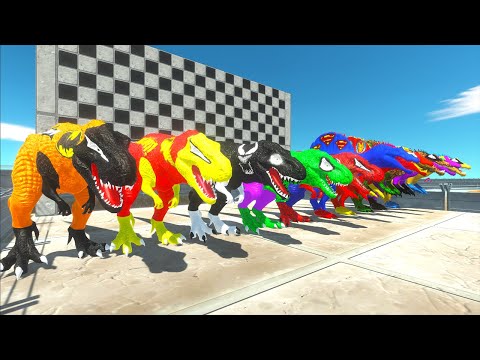 5 T-rex vs 5 Spinosaurus Superhero Speed Race Championship Hunting Found Jurassic world evolution 2