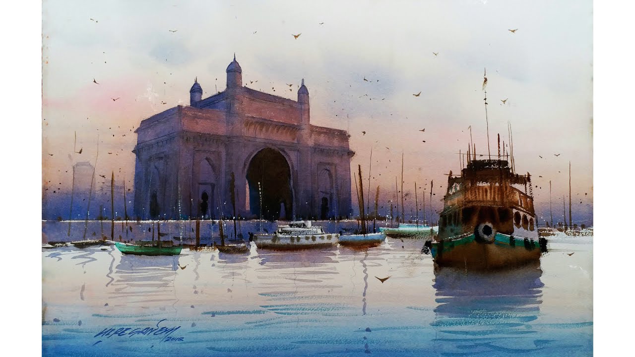 watercolor painting gateway of india mumbai by ganesh hire
