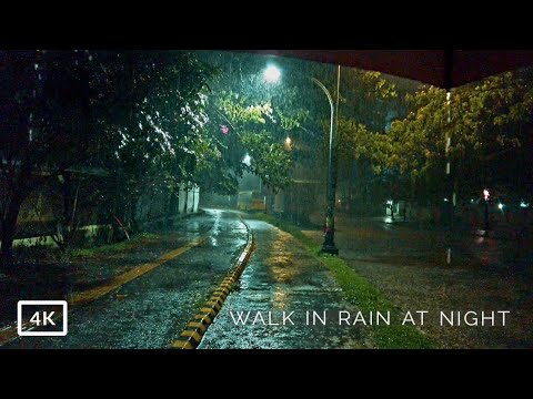 2 Hours of Walking in Heavy Rain at Night | Relaxing ASMR white noise for deep sleep and study