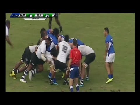Samoa's Dwayne Polataivao scores v Fiji - Pacific Nations Cup