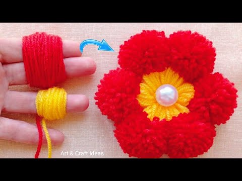 Amazing Pom Pom Flower Craft Ideas With Fingers | Hand Embroidery Flower Design | Art And Craft Idea