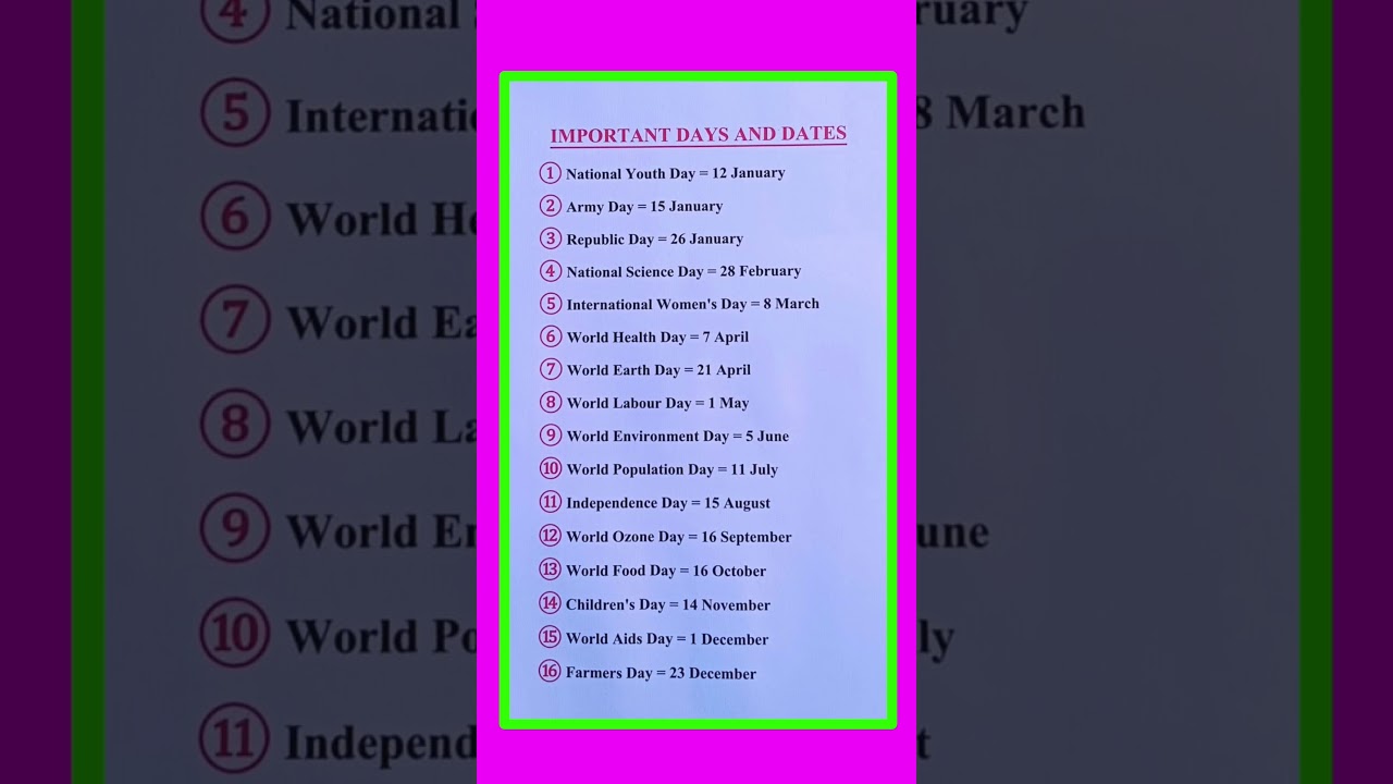 || Important Days and Dates ||