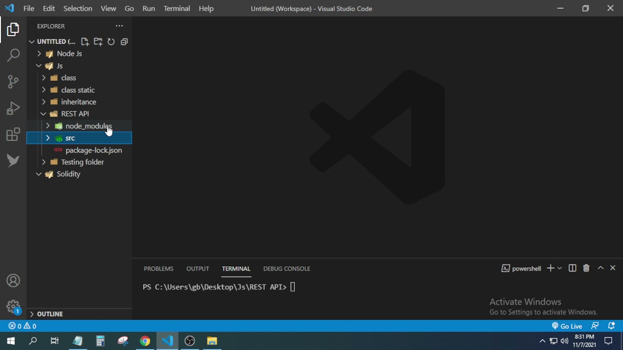create index js file within src folder in vs code
