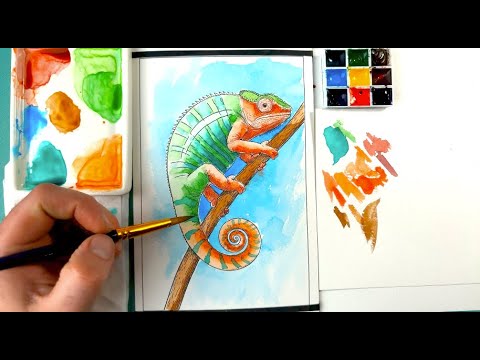 How to watercolor paint a Chameleon, page 7, from the Jungle Animals Watercolor Coloring book