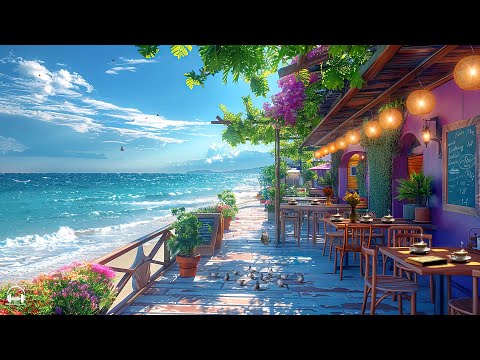 Elegant Bossa Nova Jazz Music at Outdoor Beach Coffee Shop Ambience with Ocean Waves for Happy Moods