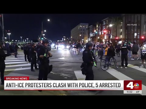 Five arrested after group of protesters clash with police in downtown LA