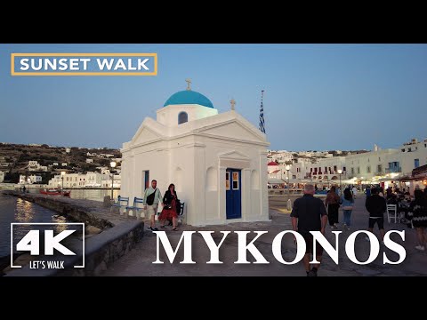 Mykonos Island Sunset Walk2022 | 4K Greece Virtual Travel Walking Tour Guide with City Sounds