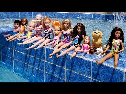 POOL ! Elsa and Anna toddlers - Barbie - boat ride - floaties - swim - water fun - splash