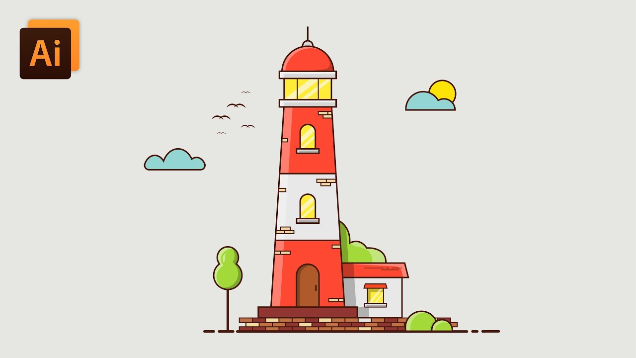 Create a Flat design Lighthouse in Adobe illustrator | Flat and outline illustration design