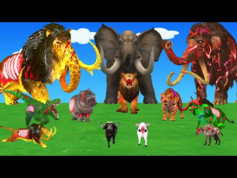 8 Giant Mammoth Elephant Cow Vs Zombie Tiger Panther Vs 5 Giant Lion Wolf Dinosaur Saved By Mammoth