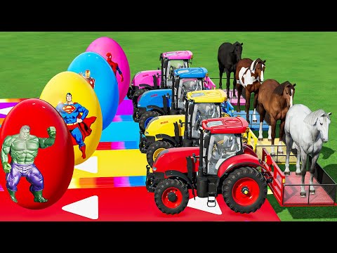 TRANSPORT & LOAD HORSE and SUPERHERO EGGS ON HIGH TRAP ROAD w/ STEYR TRACTORS! Farming Simulator 22