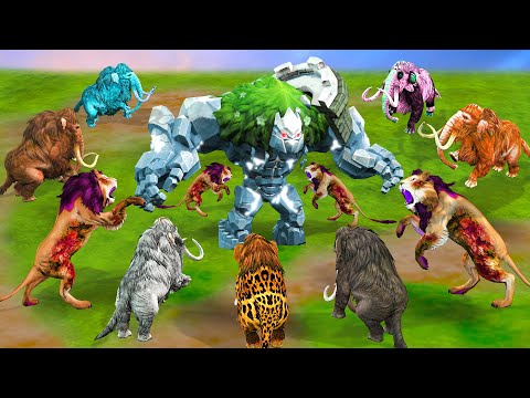 10 Monster Lions vs 10 Zombie Mammoth vs Ice Monster Fight For Cow Cartoon Saved By Woolly Mammoth