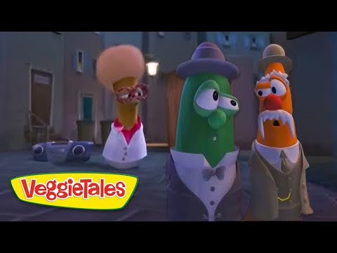 Three VeggieTales characters in tuxedos stand in a dim alley at night, with a boombox on the ground nearby.