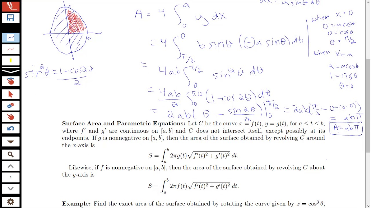 Parametric equations and finding area and surface area
