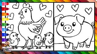 Desenhar e Colorir uma galinha com seus 3 pintinhos e um porco 🐥🐔🐤🐥🐷🌈 Desenhos para Crianças