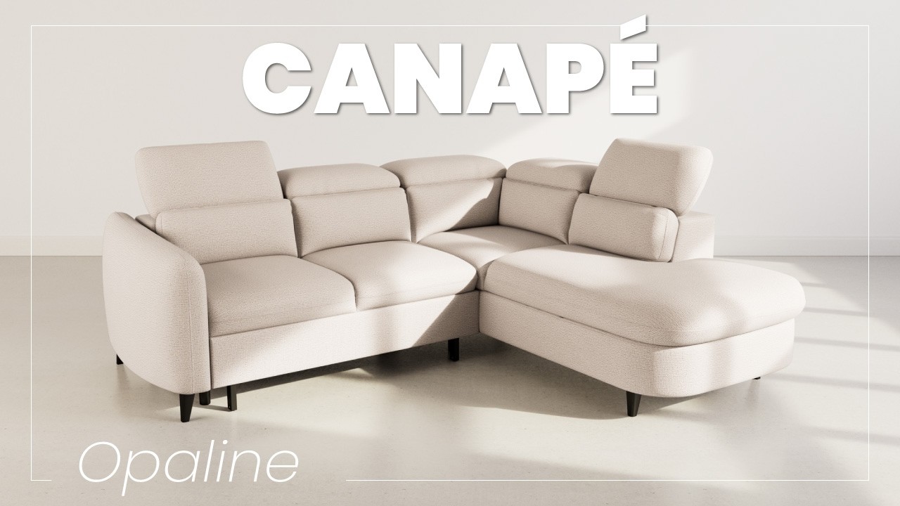 Thumbnail video of the produit Opaline - Canapé d'angle gauche 5 places convertible avec têtières et coffre en tissu texturé