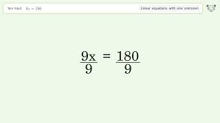 Solve 9x=180: Linear Equation Video Solution | Tiger Algebra