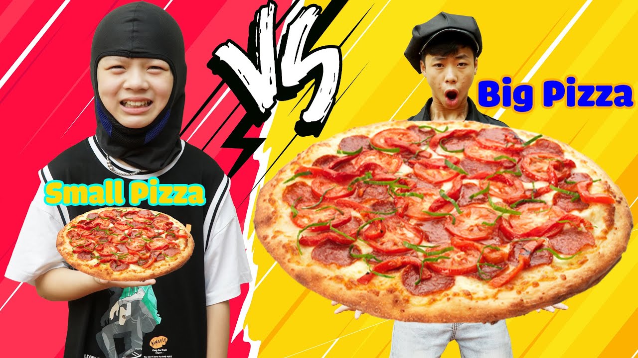 Hunter play and friend eats big pizza and small pizza