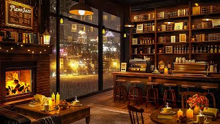 Smooth Jazz Instrumental Music and Crackling Fireplace in Cozy Coffee Shop Ambience on a Rainy Night