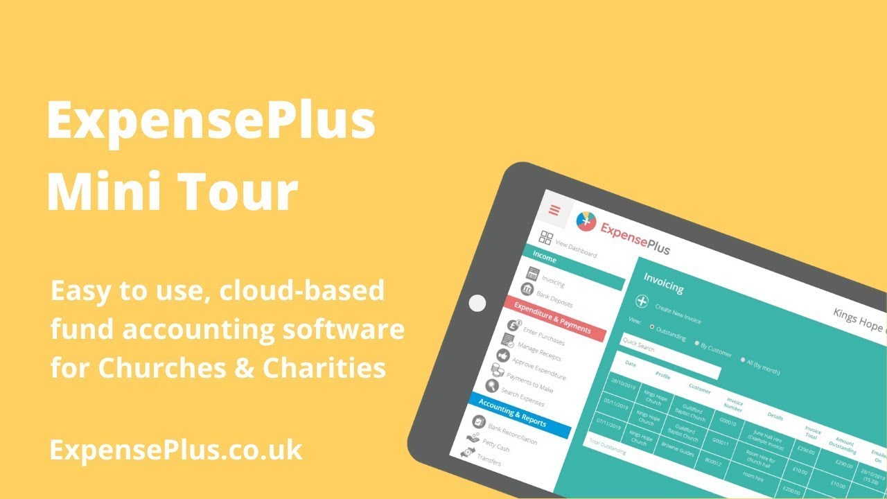 Video poster frame, which reads "ExpensePlus Mini Tour. Easy to use, cloud-based fund accounting software for Churches & Charities."