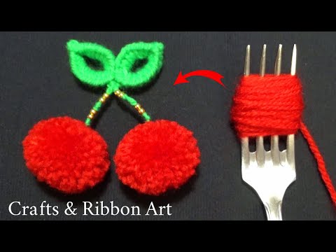 Amazing Woolen Craft Ideas with Fork - DIY Pom Pom Cherry with Yarn - How to Make Cherry Keychain