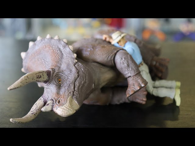 Vídeo relacionado con Jurassic World Colección Hammond Figura de acción de dinosaurio, tricerátops juvenil, diseño de película prémium con ojos de cristal y 14 puntos de articulación, Mattel JDJ07
