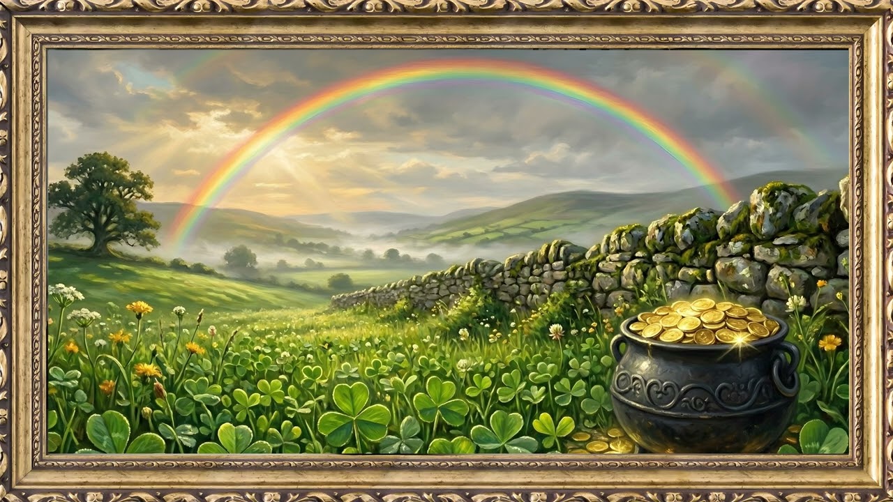 St Patricks Day Rainbow Ireland - Lucky Gold - 4K — 4K ambient art screensaver in baroque gold frame