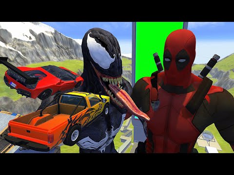 Crazy Vehicle High Speed Jumps Between VENOM & DEADPOOL In Vertical Green Slime Pool - BeamNG.drive