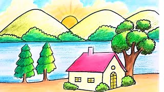 How To Draw Easy Scenery For Kids | Scenery for beginners| Step By Step Scenery With Oil Pastel
