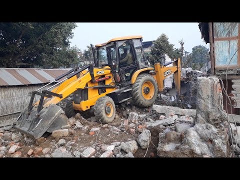 JCB Backhoe Breaking and Pulling Old House Concrete - Dozer Video