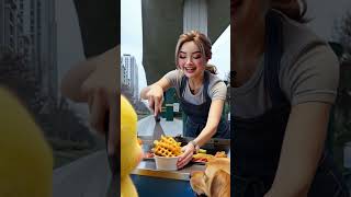 Duck & Golden Retriever Enjoy Spicy Potatoes After Workout.#duck