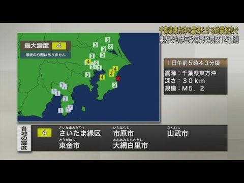 YouTube Video １日早朝にも千葉県東方沖を震源とする震度４の地震が　千葉県東方沖では前日１日だけで１０回発生