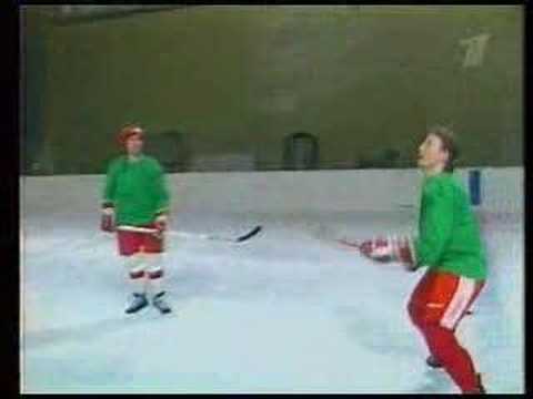 Soviet players do incredible tricks with a puck at practice