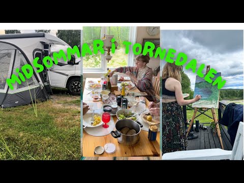 Midsommar i tornedalen monterar upp förtältet i husbilen ostadigt väder