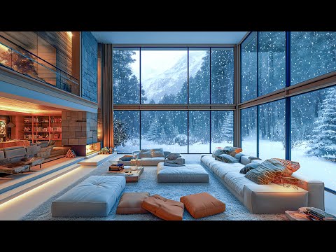 Relaxing Instrumental Jazz Music - Winter Jazz at Cozy Living Room Ambience with Snowfall, Fireplace